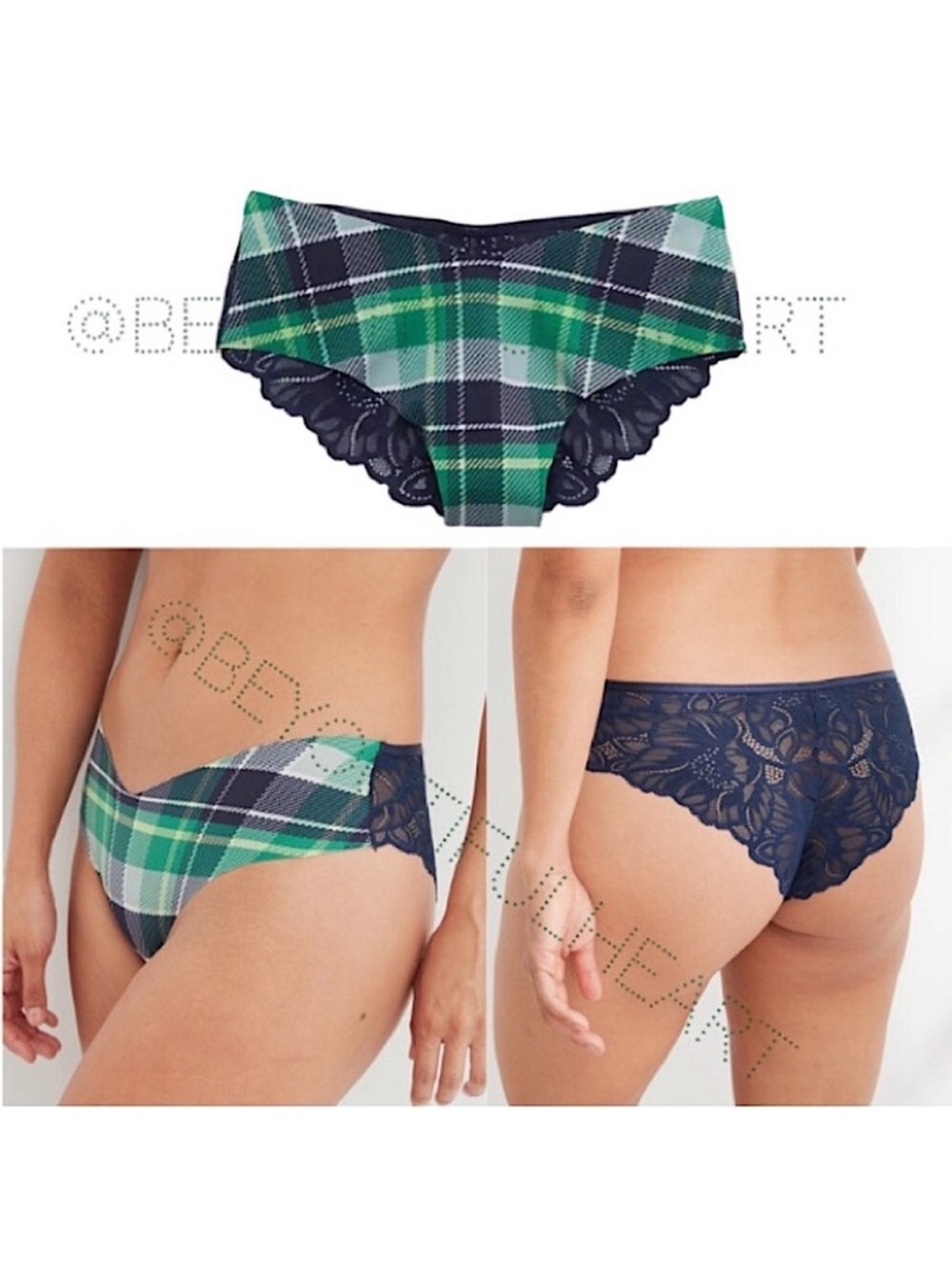 Aerie No Show Holiday Cheeky Panty in Silky Green & Blue Plaid with Lace Back